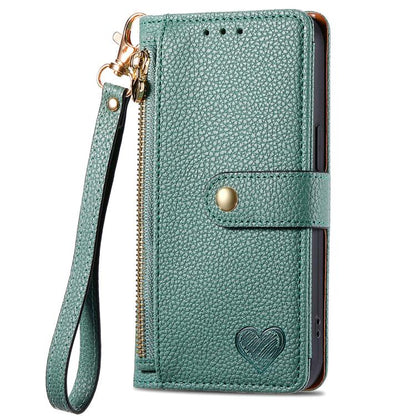 For iPhone 16e Love Zipper Lanyard Leather Phone Case(Green) - iPhone 16e Cases by buy2fix | Online Shopping UK | buy2fix