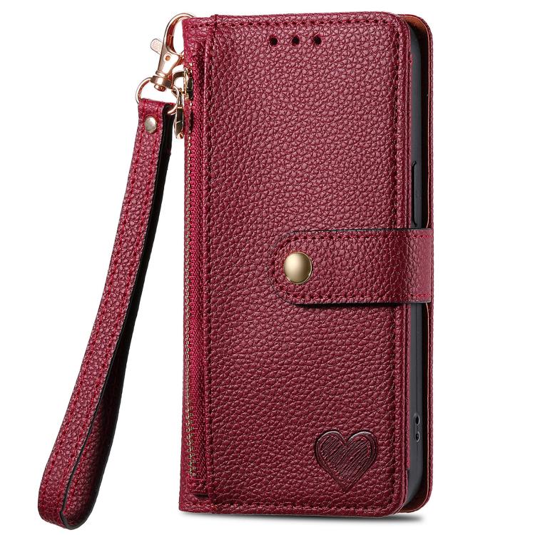For iPhone 16e Love Zipper Lanyard Leather Phone Case(Red) - iPhone 16e Cases by buy2fix | Online Shopping UK | buy2fix