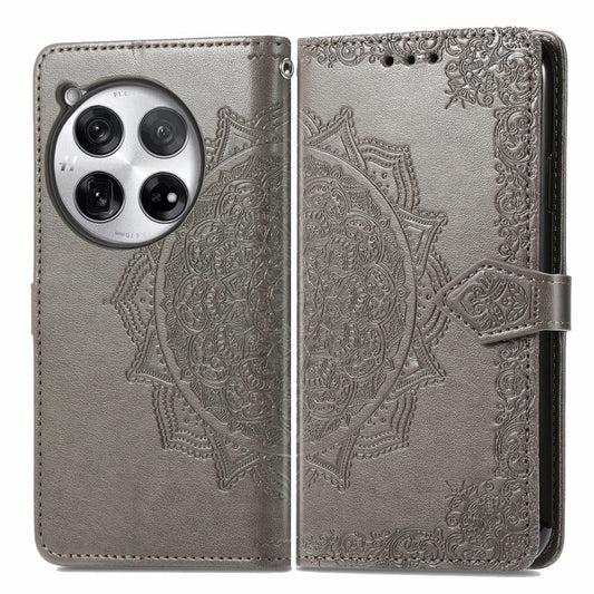 For OnePlus 12 Mandala Flower Embossed Leather Phone Case(Gray) by buy2fix