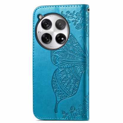 For OnePlus 12 Butterfly Love Flower Embossed Leather Phone Case(Blue) - OnePlus Cases by buy2fix | Online Shopping UK | buy2fix