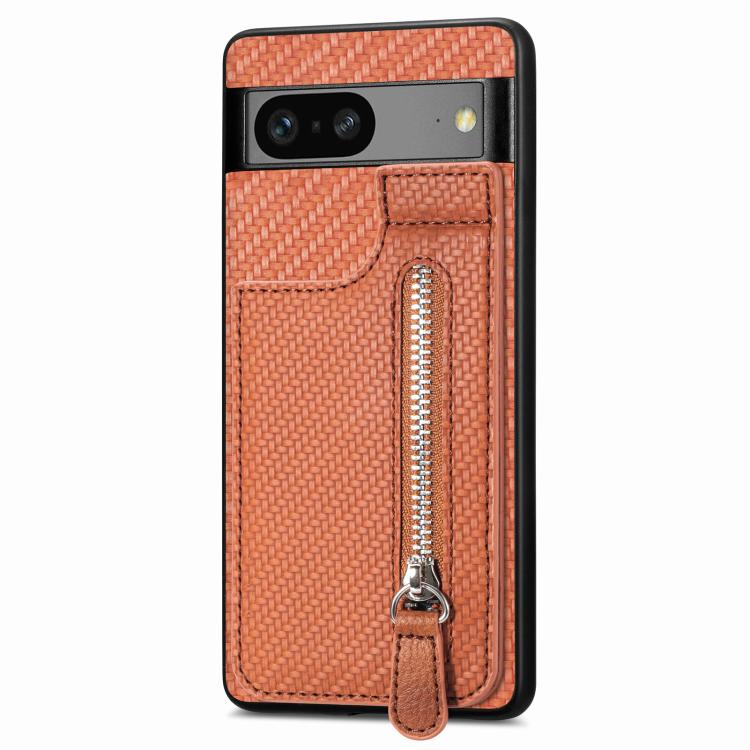 For Google Pixel 7a Carbon Fiber Vertical Flip Zipper Phone Case(Brown) by buy2fix
