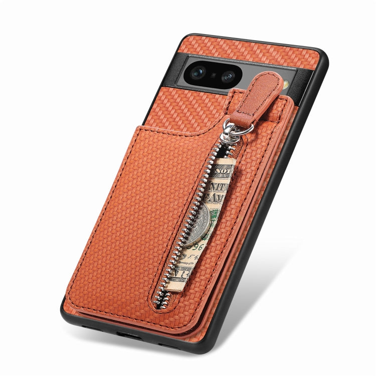 For Google Pixel 7a Carbon Fiber Vertical Flip Zipper Phone Case(Brown) by buy2fix