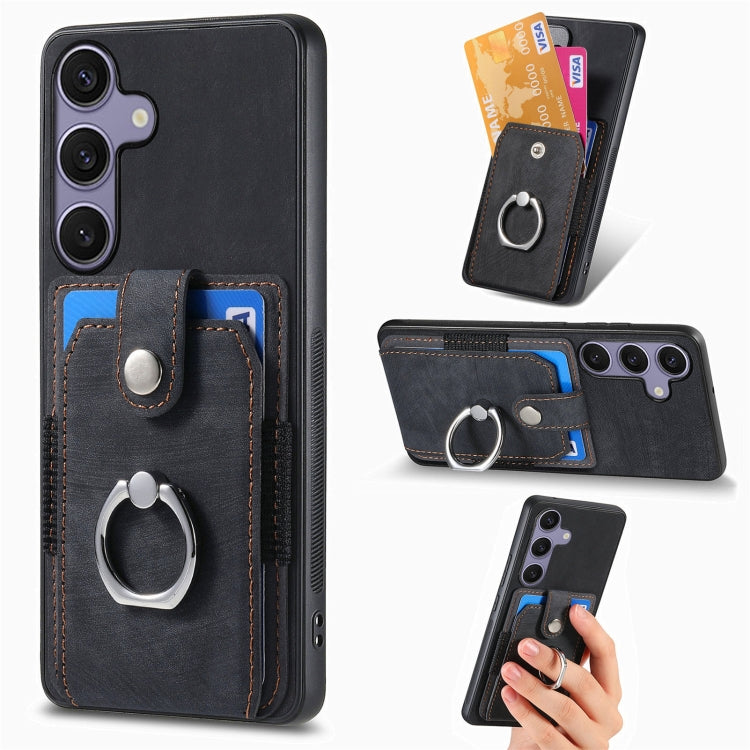 For Samsung Galaxy S25 Ultra 5G Retro Skin-feel Ring Card Wallet Phone Case(Black) by buy2fix