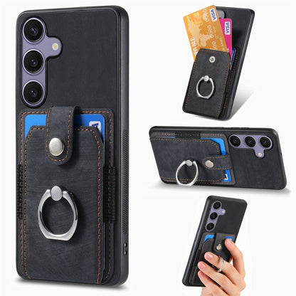 For Samsung Galaxy S25 Ultra 5G Retro Skin-feel Ring Card Wallet Phone Case(Black) by buy2fix