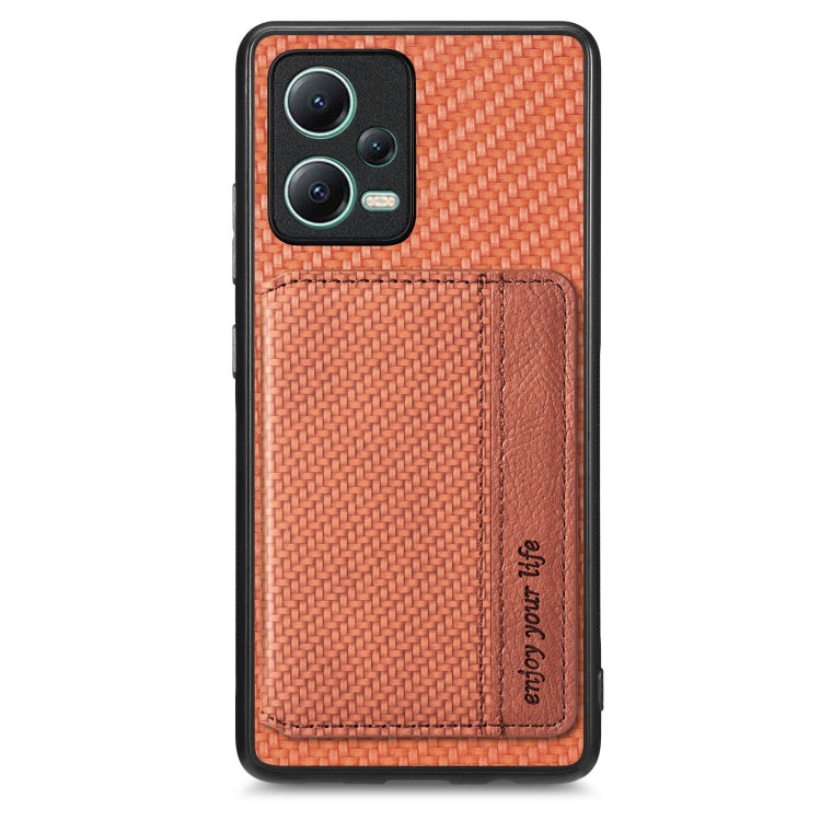 For Redmi Note 12 5G Carbon Fiber Magnetic Card Bag Phone Case(Brown) - Xiaomi Cases by buy2fix | Online Shopping UK | buy2fix