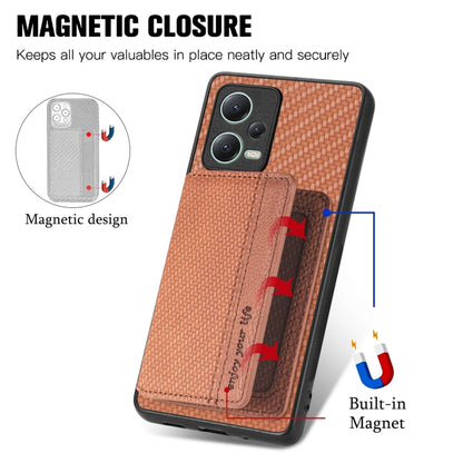 For Redmi Note 12 5G Carbon Fiber Magnetic Card Bag Phone Case(Brown) - Xiaomi Cases by buy2fix | Online Shopping UK | buy2fix