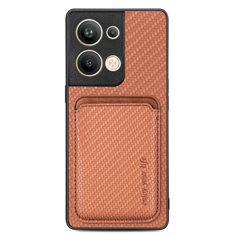 For OPPO Reno9 Pro+ Carbon Fiber Leather Card Magsafe Magnetic Phone Case(Brown) by buy2fix