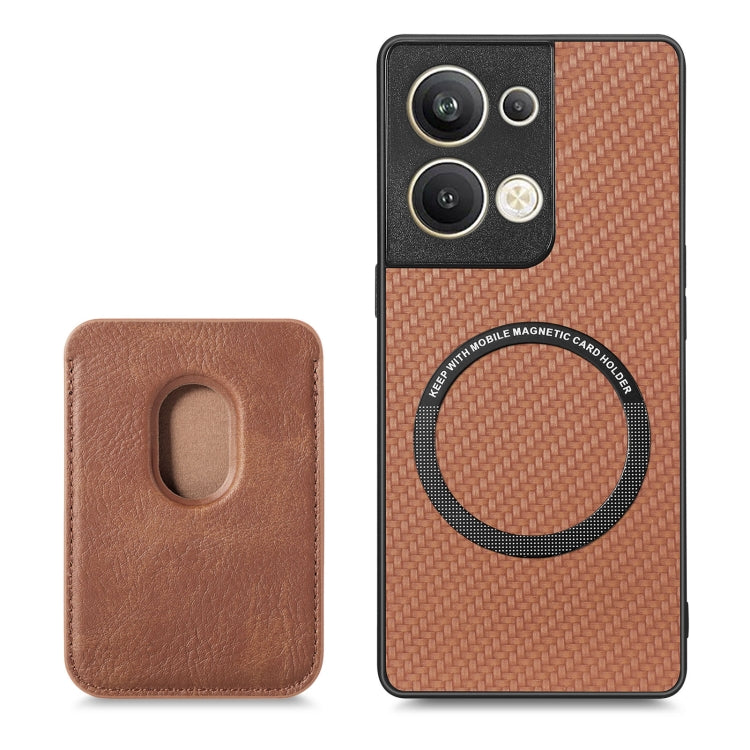 For OPPO Reno9 Pro+ Carbon Fiber Leather Card Magsafe Magnetic Phone Case(Brown) by buy2fix