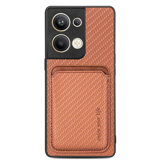 For OPPO Reno9 Carbon Fiber Leather Card Magsafe Magnetic Phone Case(Brown) by buy2fix