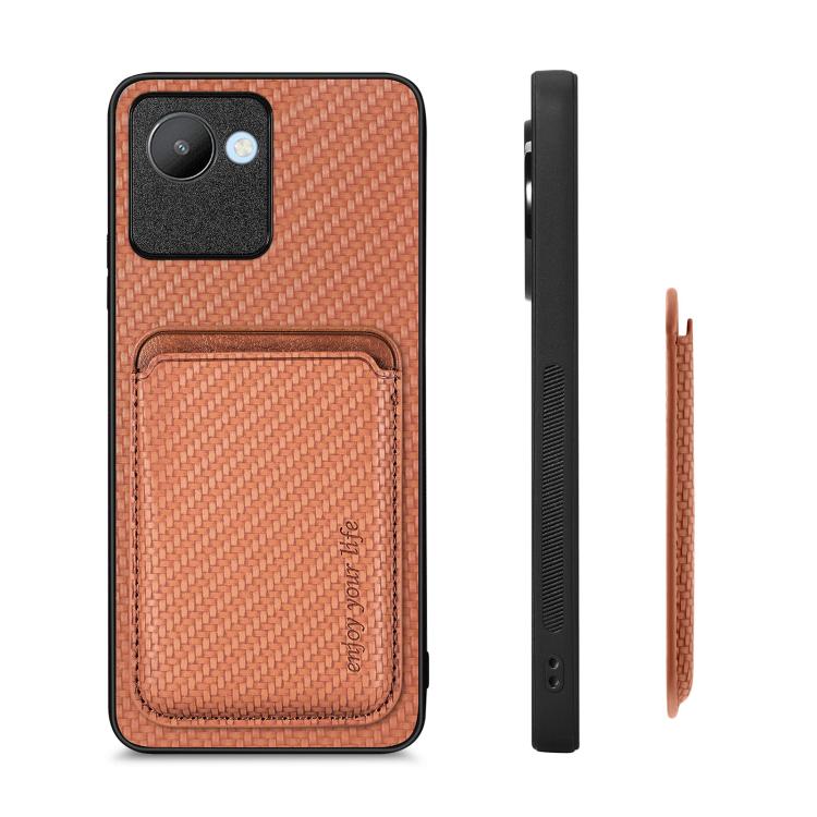 For Realme C30 Carbon Fiber Leather Card Magsafe Phone Case(Brown) by buy2fix