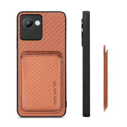 For Realme C30 Carbon Fiber Leather Card Magsafe Phone Case(Brown) by buy2fix