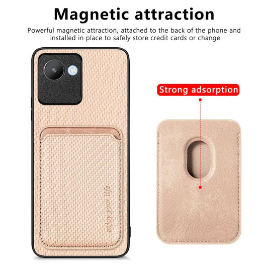 For Realme C30 Carbon Fiber Leather Card Magsafe Phone Case(Khaki) by buy2fix