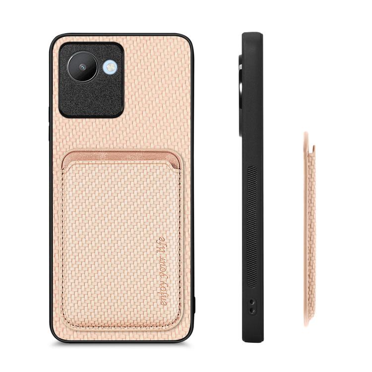 For Realme C30 Carbon Fiber Leather Card Magsafe Phone Case(Khaki) by buy2fix