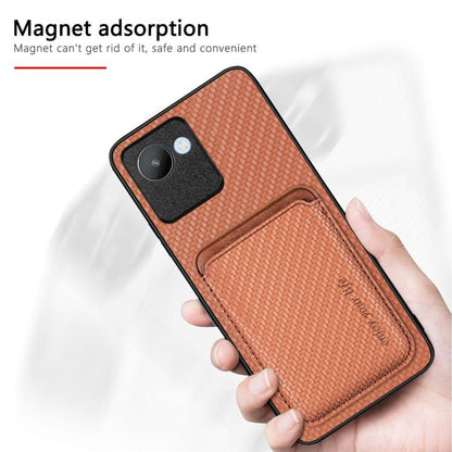 For Realme C30 Carbon Fiber Leather Card Magsafe Phone Case(Brown) by buy2fix