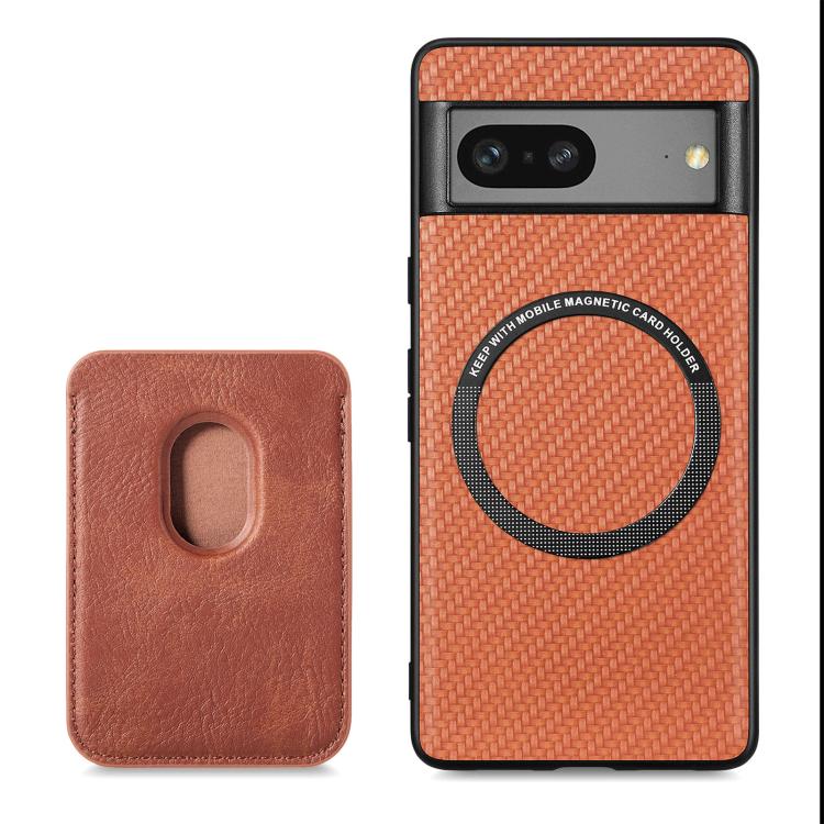 For Google Pixel 7 Carbon Fiber Leather Card Magsafe Phone Case(Brown) by buy2fix