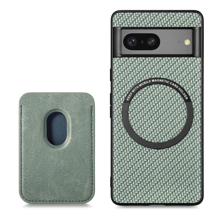 For Google Pixel 7 Carbon Fiber Leather Card Magsafe Phone Case(Green) by buy2fix