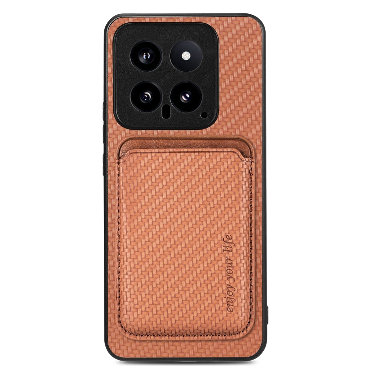 For Xiaomi 14 Carbon Fiber Leather Card Magnetic Phone Case(Brown) - 14 Cases by buy2fix | Online Shopping UK | buy2fix