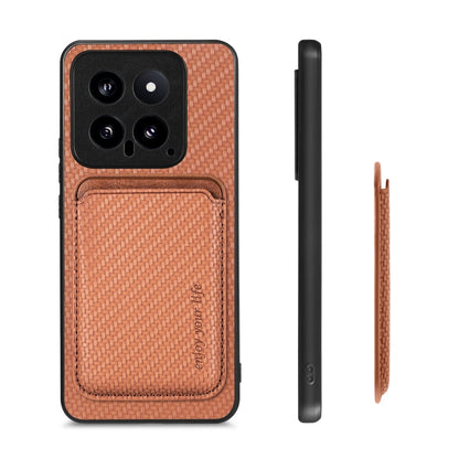 For Xiaomi 14 Carbon Fiber Leather Card Magnetic Phone Case(Brown) - 14 Cases by buy2fix | Online Shopping UK | buy2fix