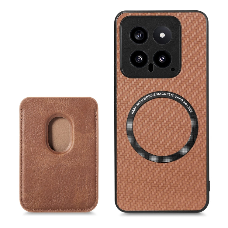 For Xiaomi 14 Carbon Fiber Leather Card Magnetic Phone Case(Brown) - 14 Cases by buy2fix | Online Shopping UK | buy2fix