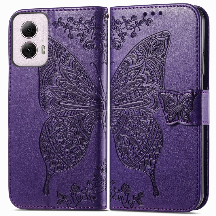 For Motorola Moto G Power 2024 Butterfly Love Flower Embossed Leather Phone Case(Dark Purple) - Motorola Cases by buy2fix | Online Shopping UK | buy2fix