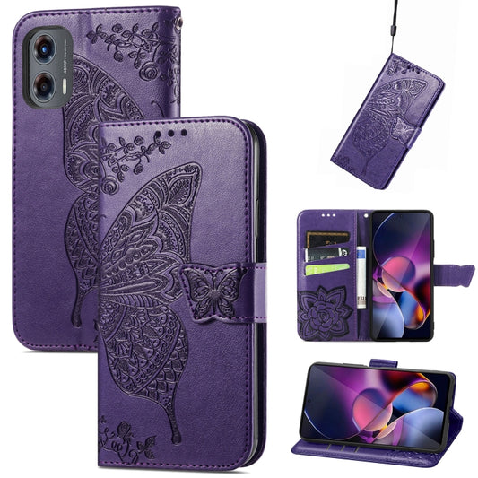 For Motorola Moto G Stylus 5G 2024 Butterfly Love Flower Embossed Leather Phone Case(Dark Purple) - Motorola Cases by buy2fix | Online Shopping UK | buy2fix