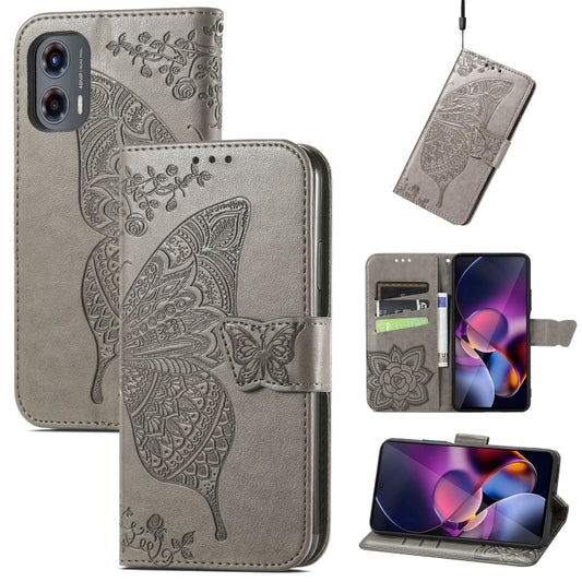 For Motorola Moto G Stylus 5G 2024 Butterfly Love Flower Embossed Leather Phone Case(Gray) - Motorola Cases by buy2fix | Online Shopping UK | buy2fix