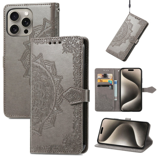 For iPhone 16 Plus Mandala Flower Embossed Leather Phone Case(Gray) - iPhone 16 Plus Cases by buy2fix | Online Shopping UK | buy2fix