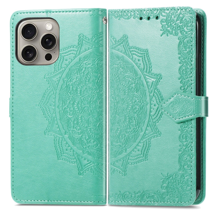 For iPhone 16 Mandala Flower Embossed Leather Phone Case(Green) - iPhone 16 Cases by buy2fix | Online Shopping UK | buy2fix