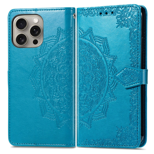 For iPhone 16 Mandala Flower Embossed Leather Phone Case(Blue) by buy2fix