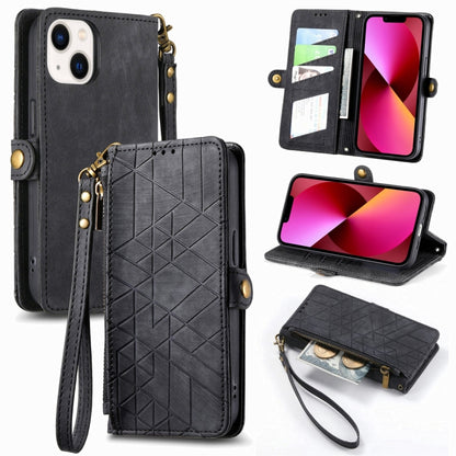 For iPhone 13 Geometric Zipper Wallet Side Buckle Leather Phone Case(Black) by buy2fix