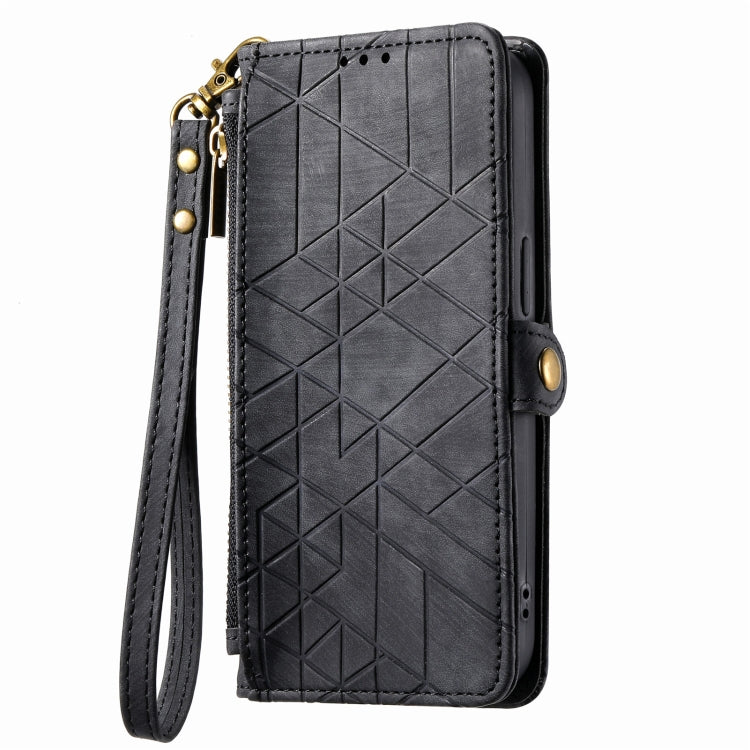 For iPhone 13 Geometric Zipper Wallet Side Buckle Leather Phone Case(Black) by buy2fix