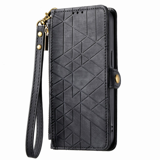 For iPhone 13 Geometric Zipper Wallet Side Buckle Leather Phone Case(Black) by buy2fix