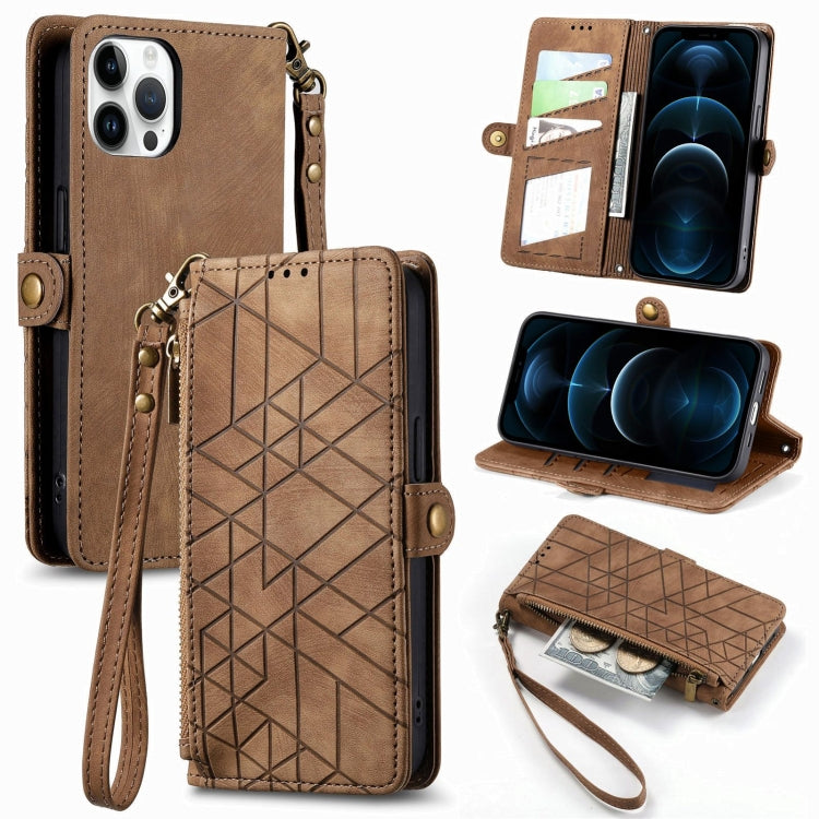 For iPhone 12 Pro Max Geometric Zipper Wallet Side Buckle Leather Phone Case(Brown) by buy2fix