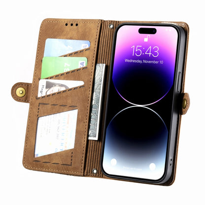For iPhone 12 Pro Max Geometric Zipper Wallet Side Buckle Leather Phone Case(Brown) by buy2fix