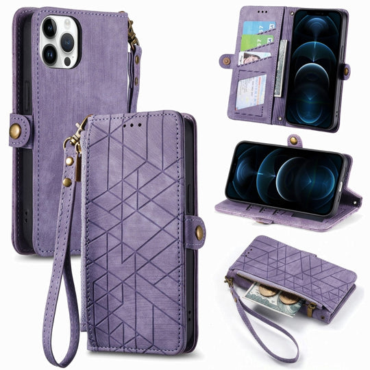 Pour iPhone 12 Pro Max Portefeuille à fermeture éclair géométrique Boucle latérale Étui de téléphone en cuir (Violet)