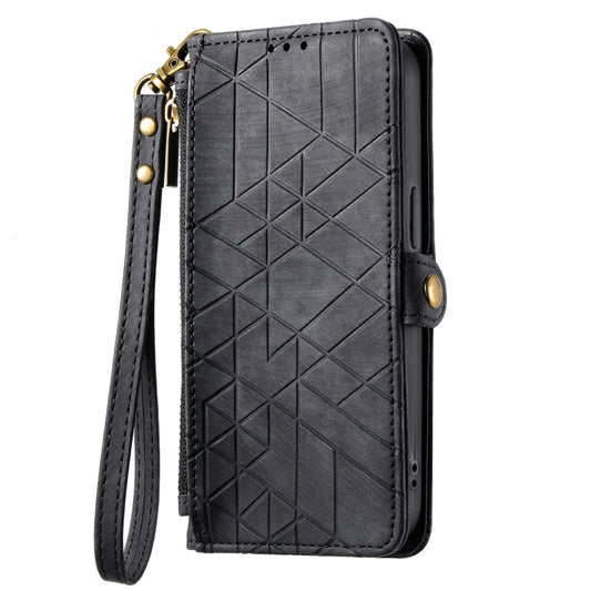 For iPhone 15 Geometric Zipper Wallet Side Buckle Leather Phone Case(Black) by buy2fix