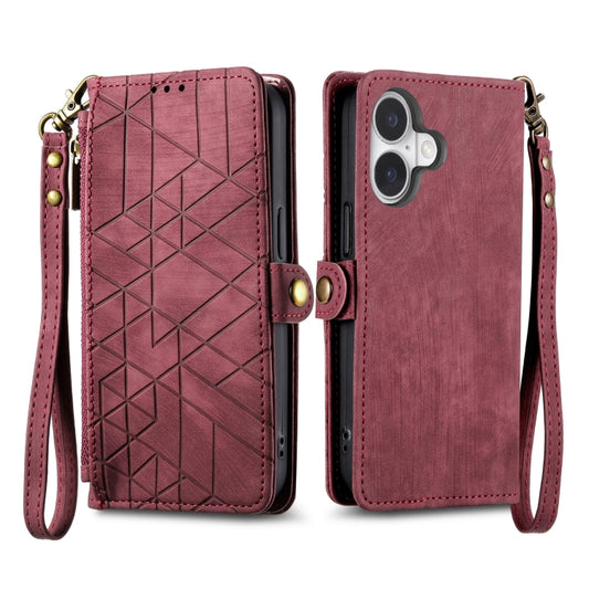 For iPhone 16 Geometric Zipper Wallet Side Buckle Leather Phone Case(Red) by buy2fix