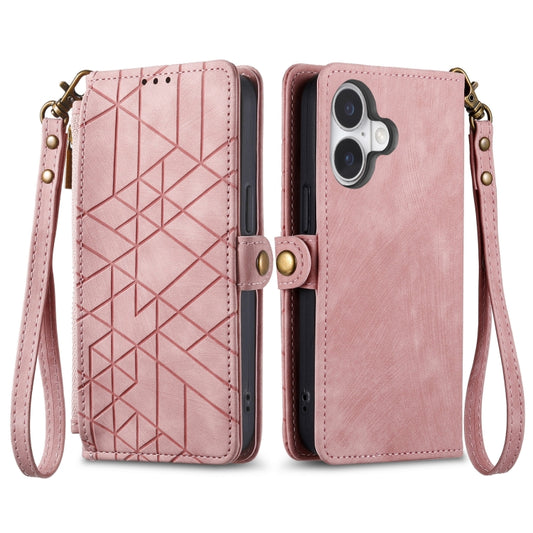 For iPhone 16 Geometric Zipper Wallet Side Buckle Leather Phone Case(Pink) by buy2fix