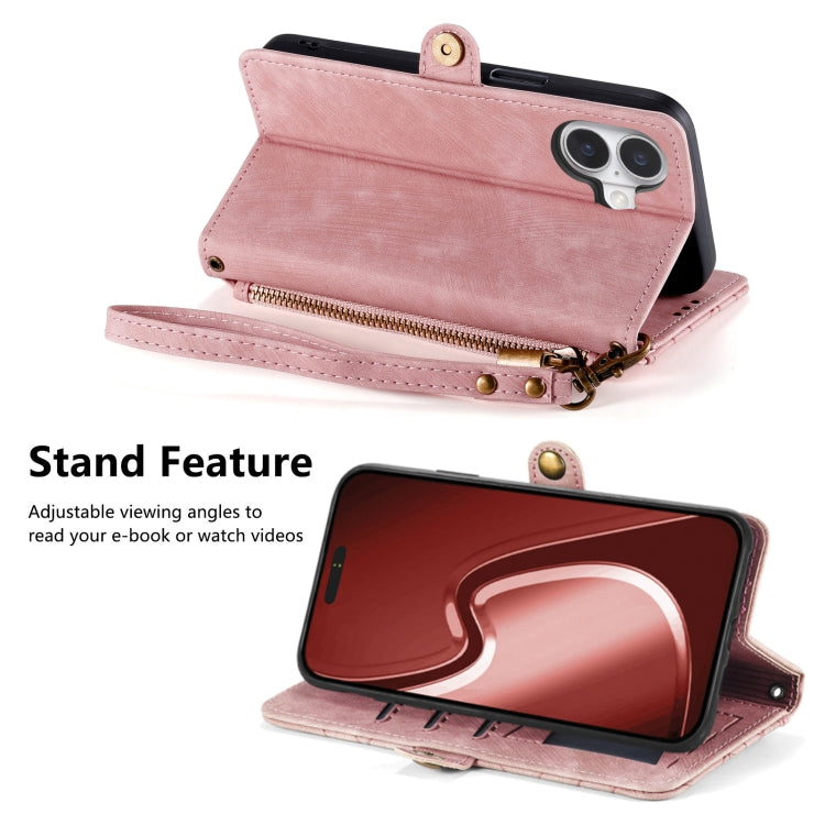 For iPhone 16 Geometric Zipper Wallet Side Buckle Leather Phone Case(Pink) - iPhone 16 Cases by buy2fix | Online Shopping UK | buy2fix