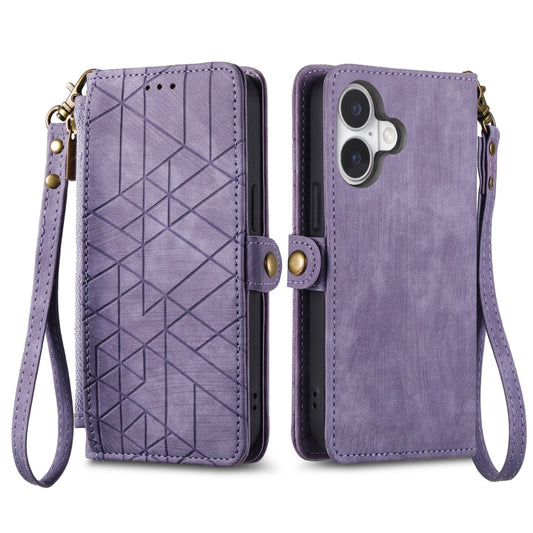 For iPhone 16 Geometric Zipper Wallet Side Buckle Leather Phone Case(Purple) by buy2fix