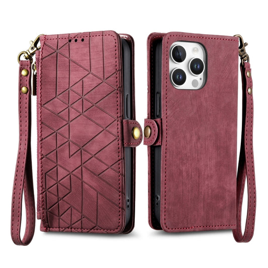 For iPhone 16 Pro Geometric Zipper Wallet Side Buckle Leather Phone Case(Red) by buy2fix
