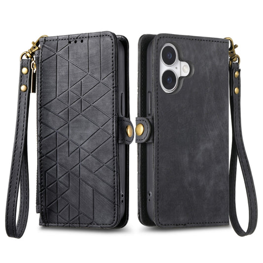 For iPhone 16 Plus Geometric Zipper Wallet Side Buckle Leather Phone Case(Black) by buy2fix