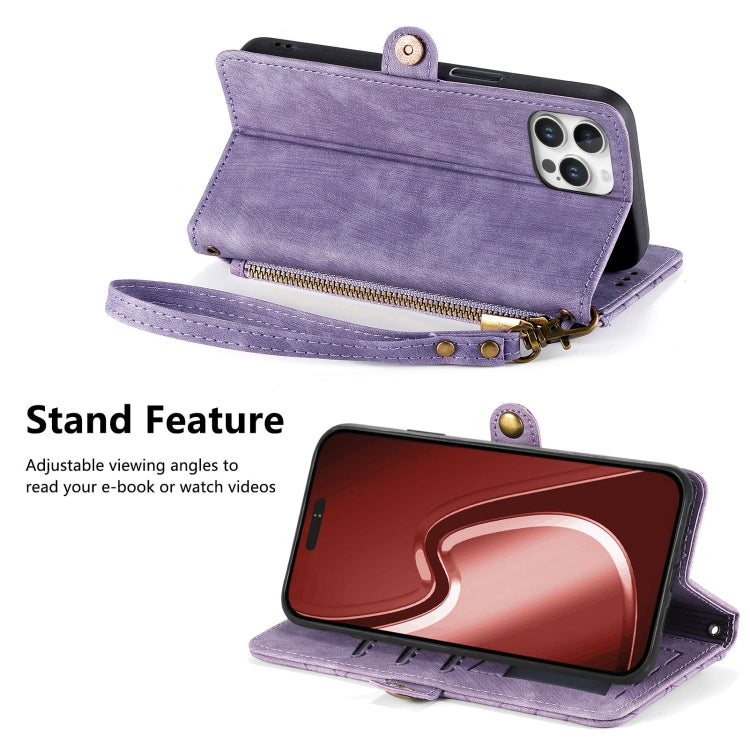 For iPhone 16 Pro Max Geometric Zipper Wallet Side Buckle Leather Phone Case(Purple) - iPhone 16 Pro Max Cases by buy2fix | Online Shopping UK | buy2fix