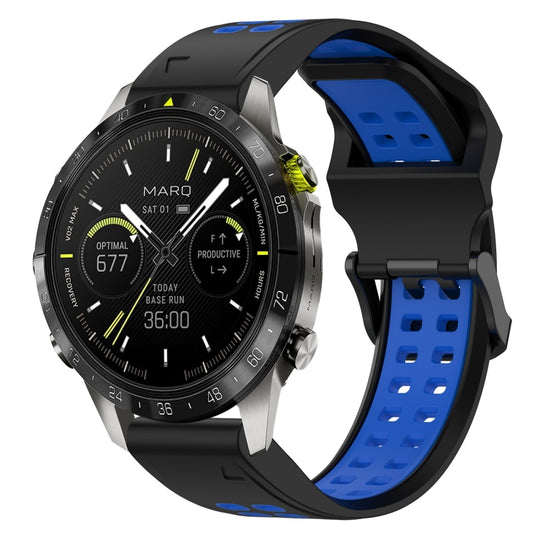 For Garmin MARQ Athlete (Gen 2) Two Color Reverse Buckle 22mm Silicone Watch Band(Black+Blue)