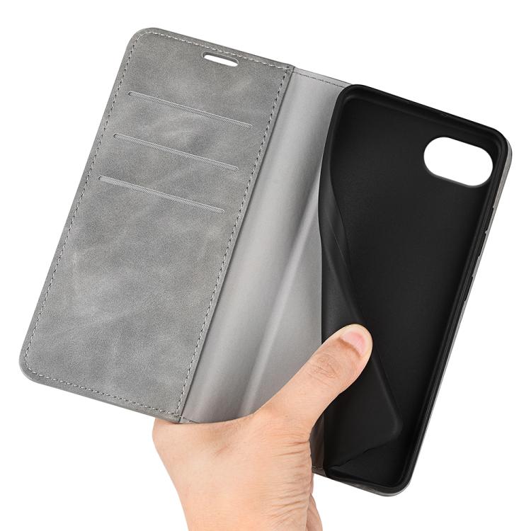 For iPhone 16e Retro-skin Magnetic Suction Leather Phone Case(Grey) - iPhone 16e Cases by buy2fix | Online Shopping UK | buy2fix
