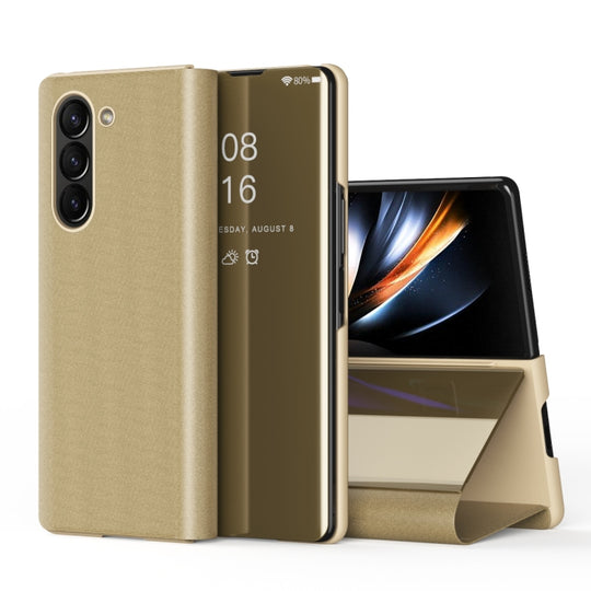 For Galaxy Z Fold5 5G Plated Mirror Horizontal Flip Leather Phone Case with Holder(Gold)