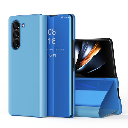 For Galaxy Z Fold6 Plated Mirror Horizontal Flip Leather Phone Case with Holder(Blue)
