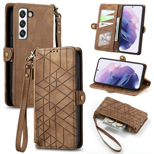 Pour Samsung Galaxy S23 Ultra 5G Portefeuille à fermeture éclair géométrique Boucle latérale Étui de téléphone en cuir (Marron)