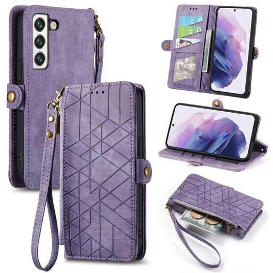 For Samsung Galaxy S21 5G Geometric Zipper Wallet Side Buckle Leather Phone Case(Purple) by buy2fix