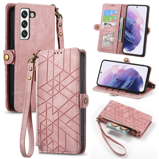 For Samsung Galaxy S21+ 5G Geometric Zipper Wallet Side Buckle Leather Phone Case(Pink)